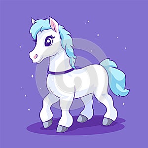 Cute white cartoon pony with blue mane on purple background. Charming little horse with sparkling stars, magical theme