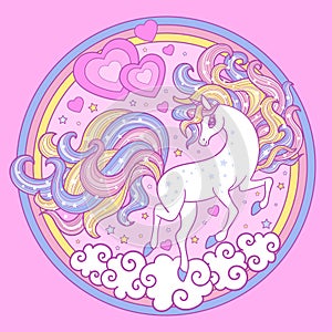 Cute, white, cartoon unicorn on a pink background. Circle composition. Vector