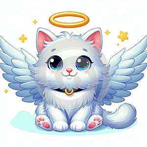 Cute white cat angel, seated among stars