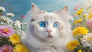 Cute white cat with blue eyes in flowers