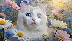 Cute white cat with blue eyes in flowers