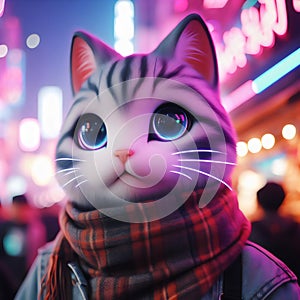 Cute white cat with blue eyes in a red scarf on the background of the night city.