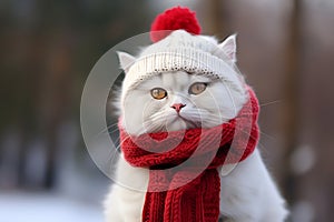 Cute white Cat Dressed in a Red Scarf and Hat.