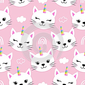 Cute white cat faces with unicorn hors - funny doodle, seamless pattern.