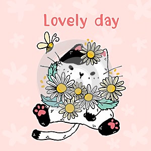 Cute white cat with flowers daisy and a bee, lovely day lettering, idea for sticker, greeting card, sublimation, kid, wall art,