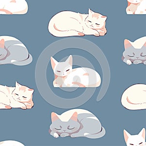 Cute white cat having a nap, snugly curled up isolated on a black background