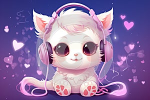 Cute white cat with headphones listening to music, Cute kawaii cat wtih headphones, AI Generated