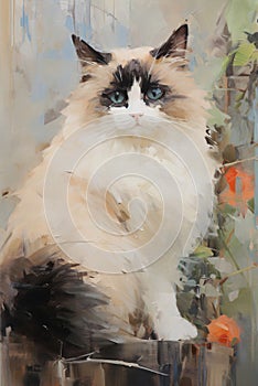 Cute white cat on a landscape background, pet wall art porter in style of abstract impressionism oil painting
