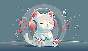 Cute white cat listens to music on headphones. Cat is a music lover. Vector cartoon logo