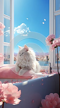 A cute white cat is lying in a bathtub on a pink towel