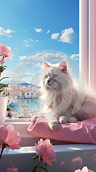 A cute white cat is lying in a bathtub on a pink towel