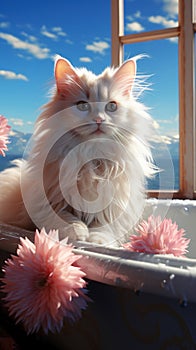 A cute white cat is lying in a bathtub surrounded with Chrysanthemums