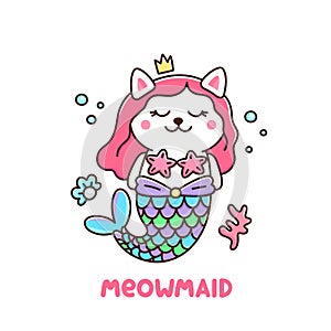 Cute white cat in a mermaid costume. With tail of a mermaid, crown, pearl, shell, coral and starfish.