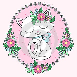 Cute white cat in an oval frame of flowers. Vector
