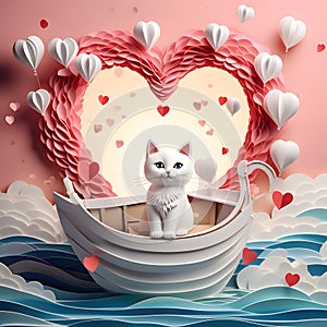 cute white cat sitting on boat and ckground heart shape and white ballons present.