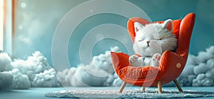 Cute white cat sleeping in orange armchair