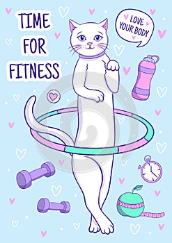 Cute white cat spins hula hoop, fitness card, sport motivation