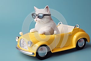 Cute white cat wearing stylish sunglasses and driving yellow toy car over blue background studio shot