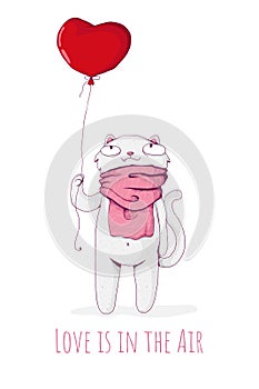 Cute white cat wearning pink scarf and hold red heart shaped balloon. Love is in the air. St Valentine`s Day concept. Vector