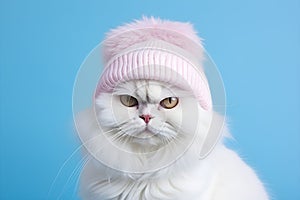 Cute white cat with whiskers wearing pink hat on blue background. Perfect pet portrait - AI generated