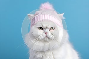 Cute white cat with whiskers wearing pink hat on blue background. Perfect pet portrait - AI generated