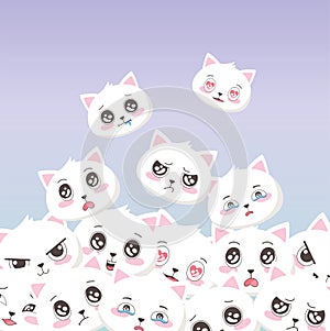 Cute white cats faces emoticons cartoon animals background