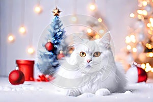 Cute white christmas cat on snow, blue christmas tree and gifts