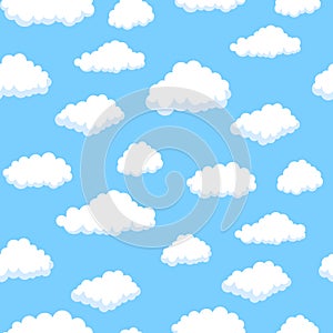 Cute white clouds in blue sky seamless pattern. Texture for wallpapers, fabric, wrap, web page backgrounds, vector illustration