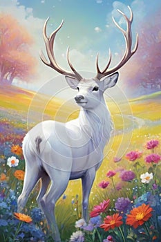 cute white deer with flowers and grass background