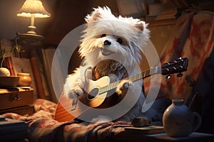 cute white dog playing acoustic guitar in the room