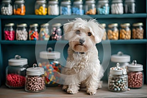 Cute white dog sitting in a room filled with colorful candy jars. perfect for pet-friendly content. home style, sweet