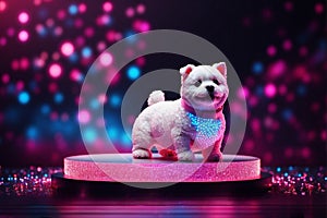 Cute white dog standing on a stage with colorful bokeh background