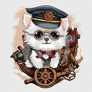 Cute white dog in steampunk submarine, cartoon chibi style, AI generative