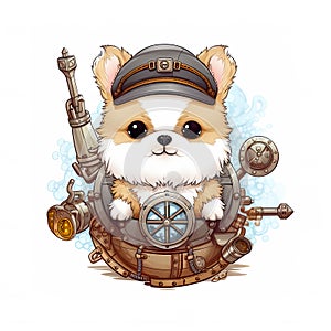 Cute white dog in steampunk submarine, cartoon chibi style, AI generative