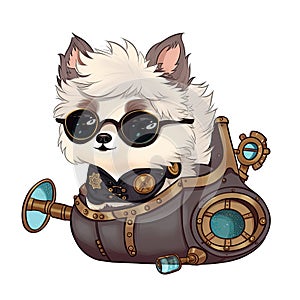 Cute white dog in steampunk submarine, cartoon chibi style, AI generative