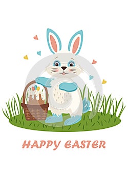 A cute white Easter bunny, on a green meadow, holds a basket with eggs and Easter cake, around hearts of different