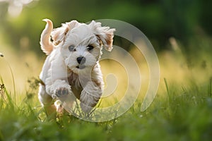 Cute white fluffy Maltese puppy dog running freely in lush green grass in summer