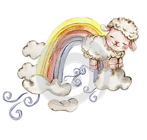 Cute white fluffy sheep sitting on the rainbow and clowds arround it. Illustration of farm baby animal . Perfect for wedding