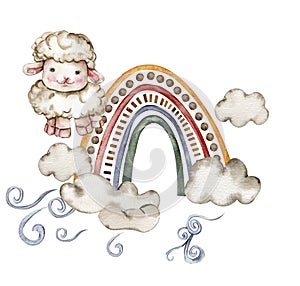 Cute white fluffy sheep sitting on the rainbow and clowds arround it. Illustration of farm baby animal . Perfect for wedding