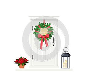 Cute white front door with Christmas wreath, isolated on white background