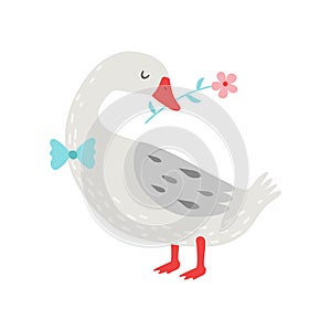 Cute White Goose Holding Flower in Its Beak Vector Illustration, Bird Cartoon Character Wearing Bow Tie Vector