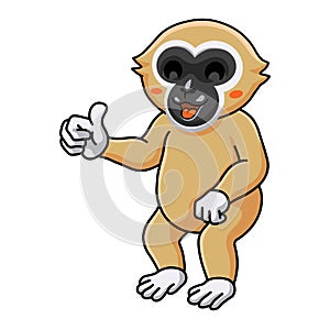 Cute white handed gibbon monkey cartoon giving thumb up