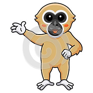 Cute white handed gibbon monkey cartoon waving hand