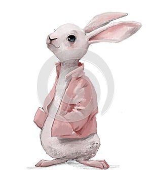 cute white hare character with pink jacket