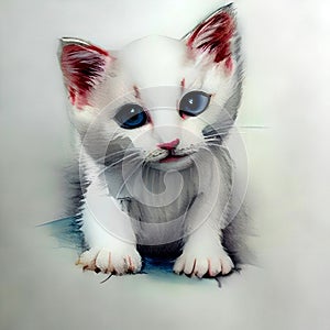 Cute white kitten, picture in the style of drawing with crayon ai Generated, generative AI, CGI graphics