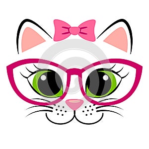 Cute white kitten with pink bow and glasses. Girlish print with kitty for t-shirt