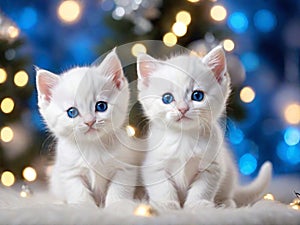 Cute white kittens with Christmas holiday background