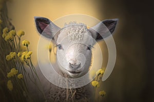 Cute white lamb in nature