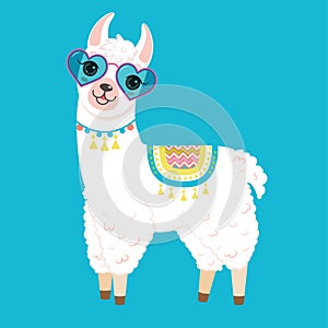 Cute white llama in heart shaped sunglasses