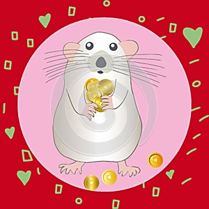 Cute white metal rat with gold coins. Red background